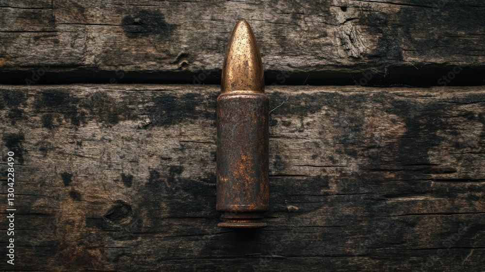 Poster a rusty ammunition shell and weathered wooden background create a war relic scene, evoking a sense o