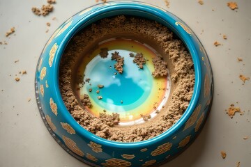 Empty Turquoise Pet Bowl with Rainbow Pattern and Dry Food Residue