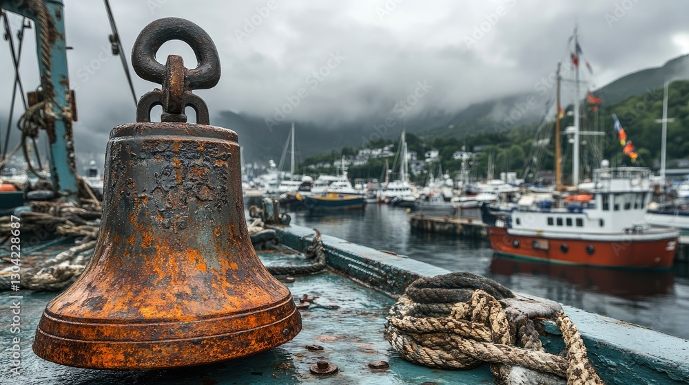Poster a rusty ship bell on a ship deck, with boats moored in the background and a cloudy sky overhead, evo