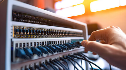 Technician in modern office maintaining network server, surrounded by cables and routers, showcasing focus and professionalism in IT infrastructure management.