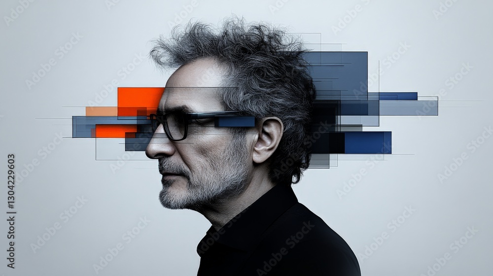 Poster modern artistic portrait of older man with abstract background elements