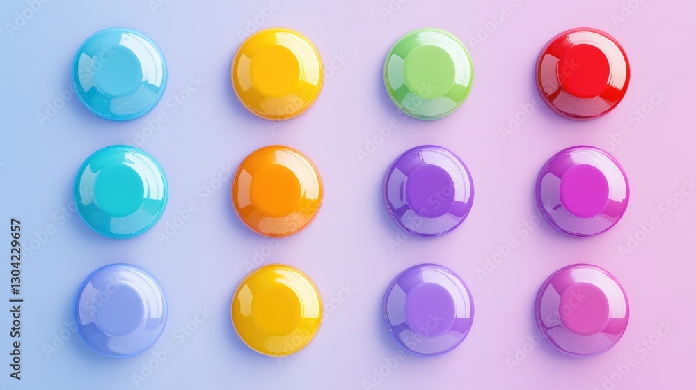 Poster A set of colorful 3D circle buttons with a mix of hues and playful arrangements, perfect for creative projects requiring vibrant, dynamic elements