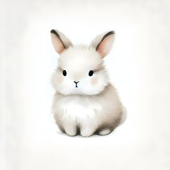 A charming illustration of a fluffy white bunny with soft fur and delicate features, sitting on a simple white background.