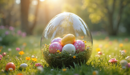 Vibrant Colorful Easter Eggs in a Glass Globe on a Garden – Perfect for Festive Spring Promotions