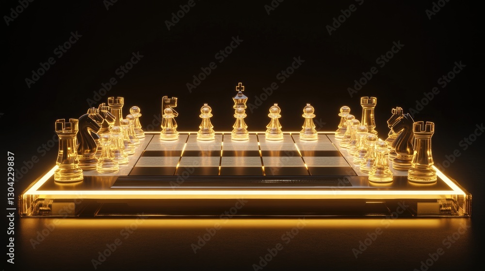 Poster a sleek and modern futuristic chessboard with illuminated chess pieces, highlighting an innovative t
