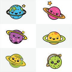 Cute Planets - Cartoon Sticker Design vector printable 