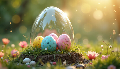 Bright and Cheerful Easter Eggs Inside a Glass Sphere in a Garden – Ideal for Holiday Marketing