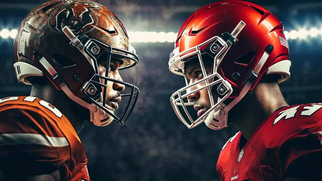 Dramatic side-angle shot of two football players facing off, showcasing intense rivalry. High contrast lighting enhances the video game-like realism.