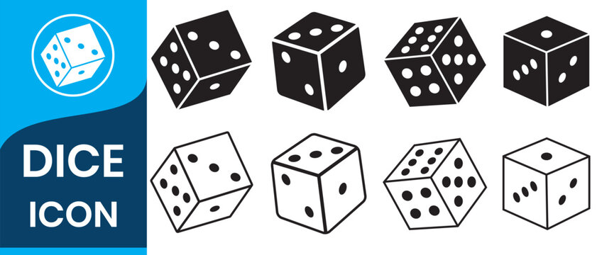Dice Black And White Vector Illustration. Dices flat icon sets. Rolling dice. White roll cubes for gamble games, top view dice sides and falling 3D angles lucky craps. .poker gaming cube entertainment