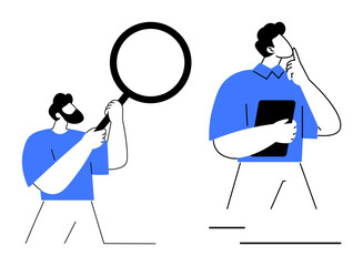 Two men examining details, one holding a magnifying glass, the other holding a tablet and thinking. Ideal for research, analysis, decision-making, investigation, problem-solving, strategy