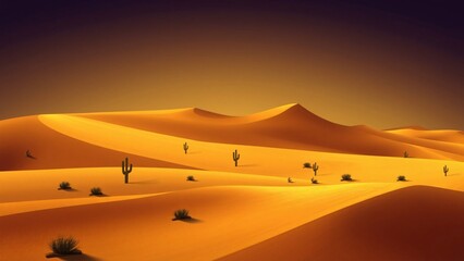 Golden Desert Dunes at Sunset Arid Landscape with Saguaro Cacti