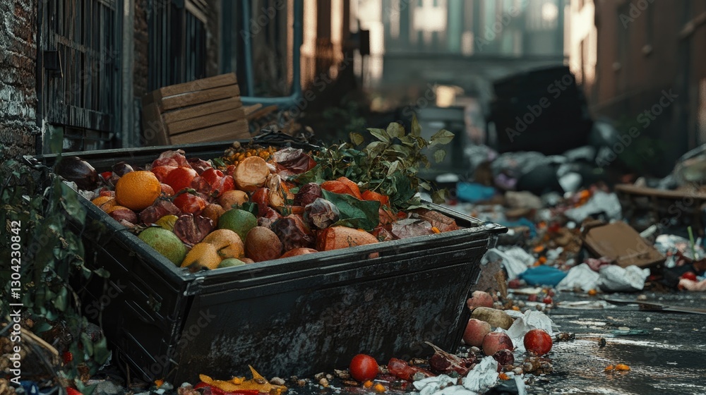 Poster A stark image of perfectly edible food discarded in a dumpster, showcasing the issue of food waste and the generative AI rendering of wasted food in a modern urban environment