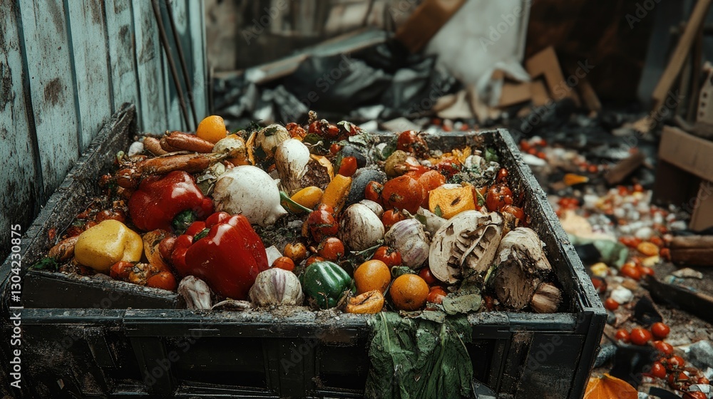 Poster a stark image of perfectly edible food discarded in a dumpster, showcasing the issue of food waste a