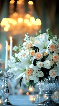 Elegant floral arrangement featuring white lilies and peach roses in crystal vase, illuminated by golden chandelier glow. Floral and chandelier create luxurious ambiance, romantic elegance.