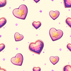 Cute pink love-themed background with hearts and rings. Wedding rings and hearts digital pattern for Valentine’s