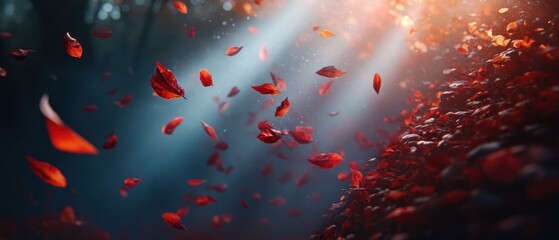 Vibrant Red Leaves Falling Through Sunlit Forest Rays in Autumn
