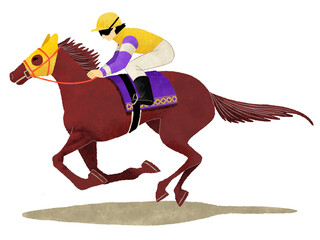 走る競馬の鹿毛の競走馬と騎手