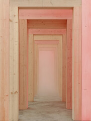 Symmetrical wooden corridor in soft pink hues, minimalist design.