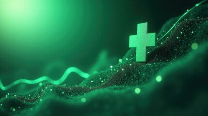 A stock illustration representing Economic growth with green and silver tones, incorporating clean lines, medical cross, and heartbeat lines to symbolize growth