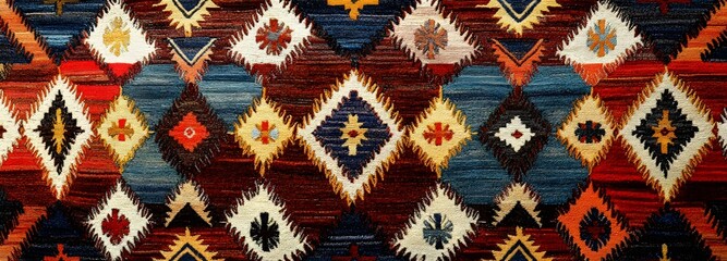 Fototapeta premium Geometric Symphony of Culture: A vibrant textile piece showcases a mosaic of diamond and geometric patterns, the intricate design reflecting rich cultural heritage and artistry.