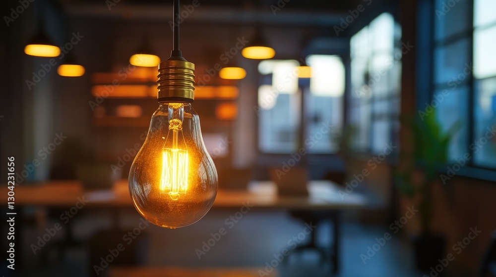 Poster a stylish vintage light bulb glowing softly in a modern office, creating a nostalgic yet contemporar
