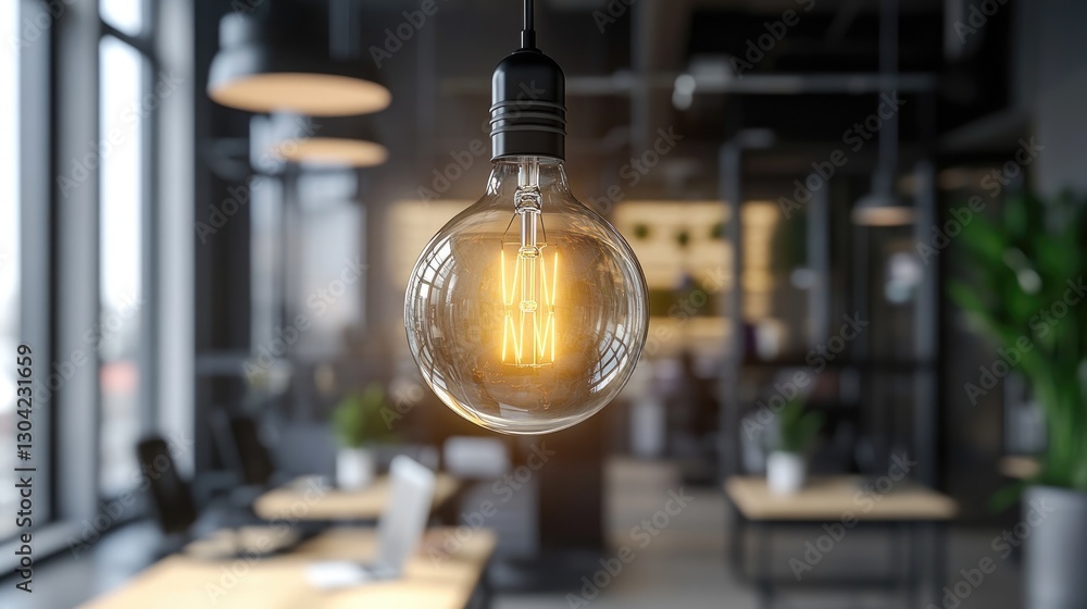 Poster a stylish vintage light bulb glowing softly in a modern office, creating a nostalgic yet contemporar