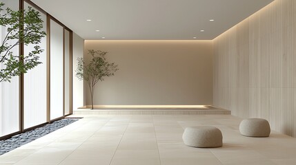 Fototapeta premium Minimalist interior with natural lighting, featuring modern decor and serene ambiance for relaxation and inspiration.