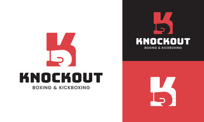 Letter K Knockout with Boxing Glove Logo Design Template. Suitable for Sports, Boxing, Kickboxing, Gym, Fitness, Training Center, MMA Academy, Martial Arts Dojo, Fighter, Sportswear, etc