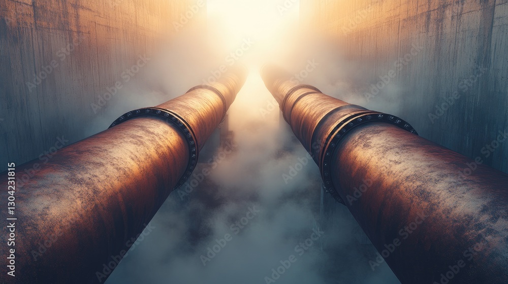 Poster a symmetrical pair of industrial pipes rise amidst fog and steam, creating a dramatic contrast betwe