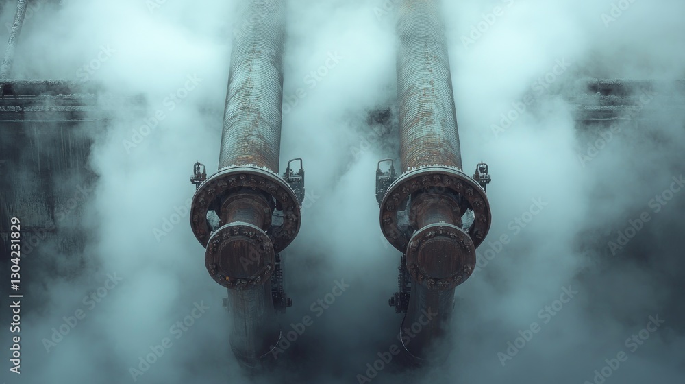 Poster A symmetrical pair of industrial pipes rise amidst fog and steam, creating a dramatic contrast between the mechanical structure and the ethereal atmosphere of the environment