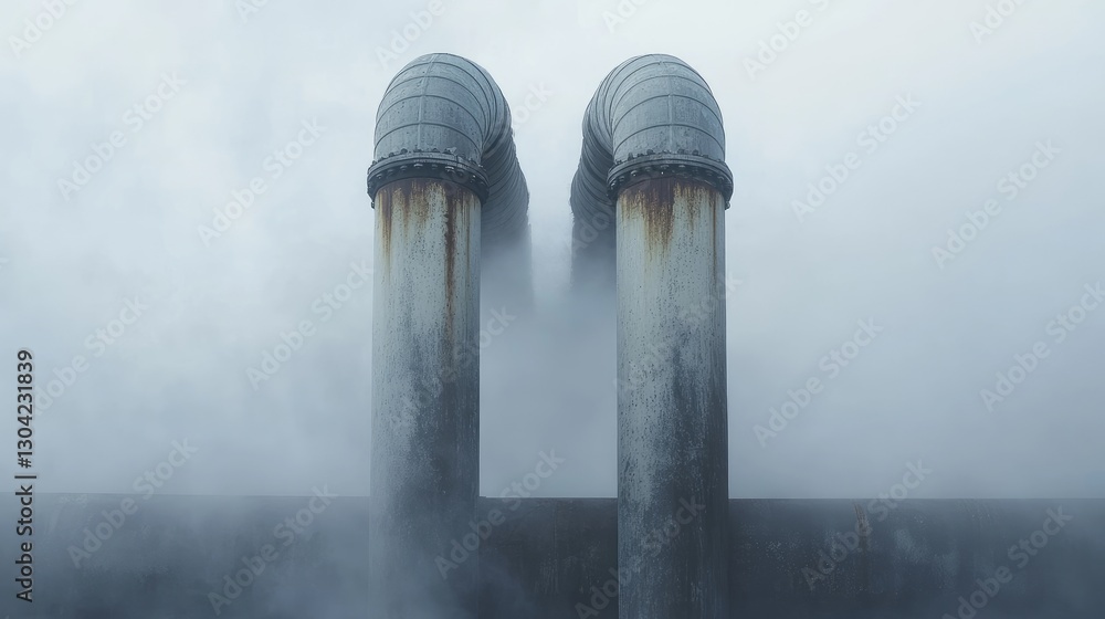 Poster a symmetrical pair of industrial pipes rise amidst fog and steam, creating a dramatic contrast betwe