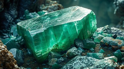 Raw emerald gem in rare stone mine bright green
