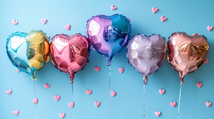 Rainbow balloons and hearts on blue background