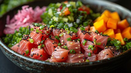 Raw tuna poke bowl close-up