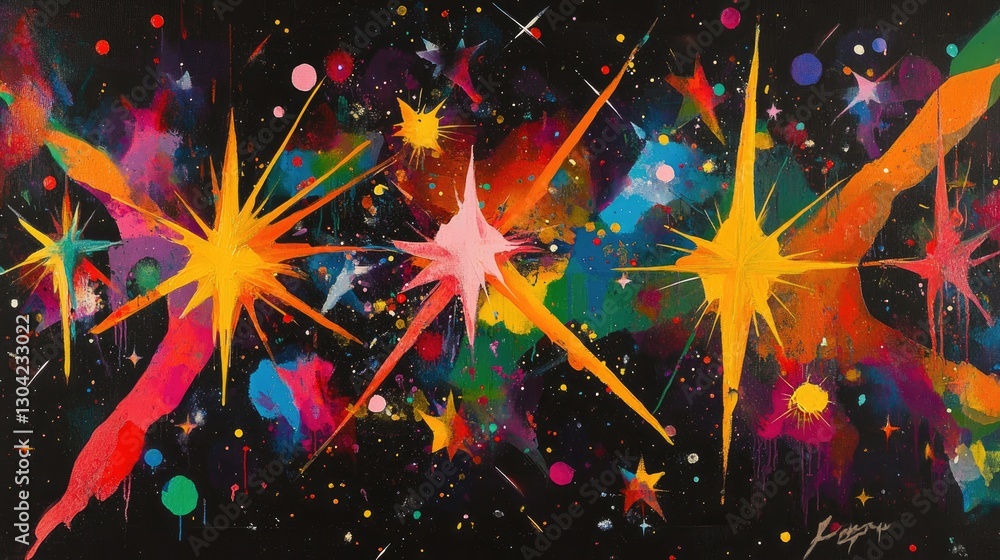 Aufkleber a vibrant abstract design featuring colorful splashes of paint and shimmering stars on a dark backgr