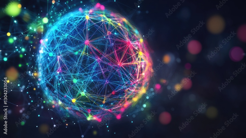 Poster A vibrant, abstract sphere with colorful nodes and connections radiating from its core, representing interconnected ideas or data networks