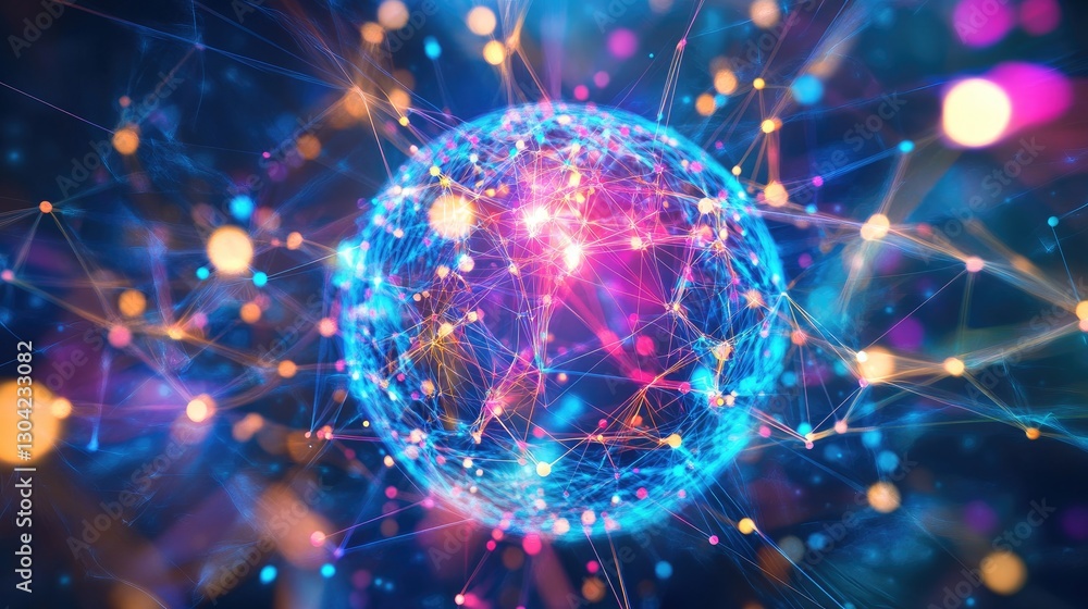 Poster A vibrant, abstract sphere with colorful nodes and connections radiating from its core, representing interconnected ideas or data networks