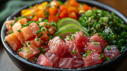 Raw tuna poke bowl close-up