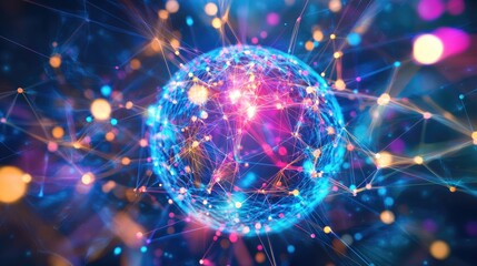A vibrant, abstract sphere with colorful nodes and connections radiating from its core, representing interconnected ideas or data networks