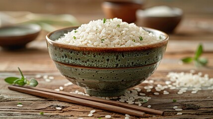 Raw white rice with chop sticks. Bow of uncooked rice