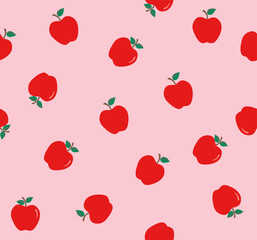 Seamless pattern with red apple on pink background.