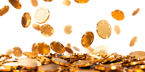 Golden casino chips falling, cut out, white background theme