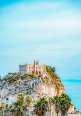 Tropea, Calabria, Italy. Church of Santa Maria dell'Isola. Monastery and coastline with azure...