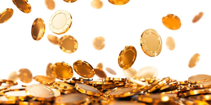 Golden casino chips falling, cut out, white background theme