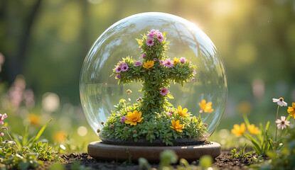 Nature-Inspired Easter Cross Made of Flowers and Plants Inside a Glass Sphere – Perfect for Seasonal Advertising