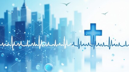 A stock illustration representing social justice in sky blue and white, with layered imagery, conceptual metaphors of medical cross and heartbeat lines, texture overlays