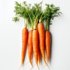 Fresh, vibrant orange carrots perfectly centered on a white background. Clean, professional product photo ideal for ads, blogs, and food marketing