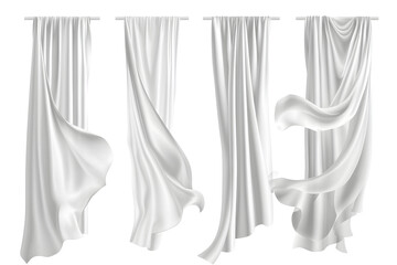 Obraz premium Realistic set of white curtains hanging. Vector illustration of silk fabric sheets, veil fluttering in wind. Home textile, light drapery, placed on white or transparent background