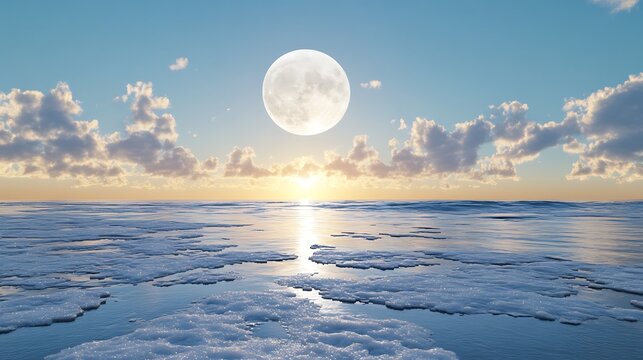 Moonrise over thawing ice floes with a sunset background, for climate change imagery