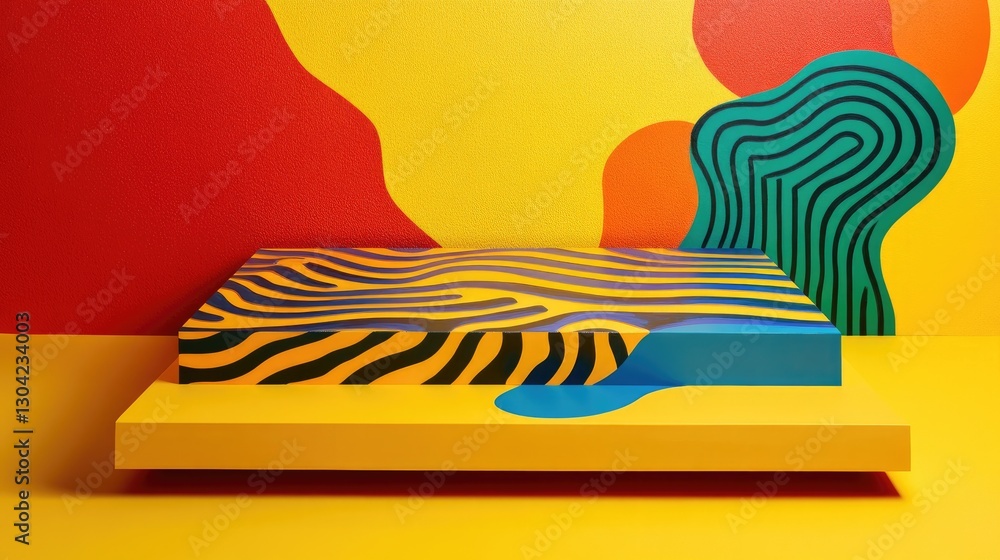 Aufkleber A vibrant yellow platform with abstract patterns, showcasing a combination of bold lines and colors for a dynamic visual display